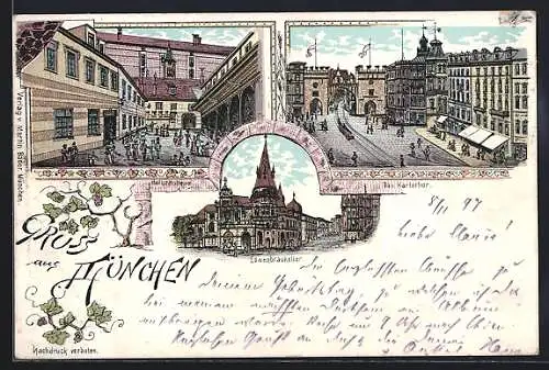 Lithographie München-Au, Hofbräuhaus, Restaurant Löwenbräukeller und das Karlsthor