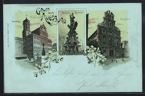 Lithographie Augsburg, Zeughaus, Rathaus und Herkules-Brunnen