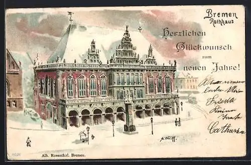 Winter-Lithographie Bremen, Rathaus mit Passanten