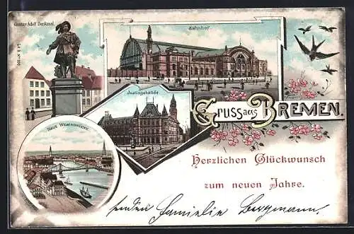 Lithographie Bremen, Hotel Stadt München, Justizgebäude, Bahnhof