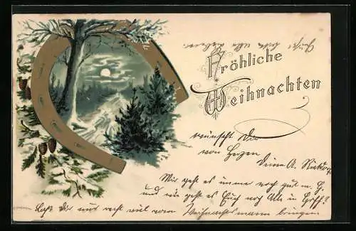 AK Fröhliche Weihnachten, Winterlandschaft gerahmt von Hufeisen