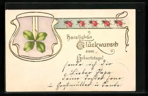 AK Geburtstags-Glückwünsche, Kleeblatt und Marienkäfer