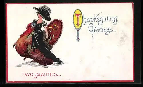 AK Thanksgiving Greetings, Dame reitet auf einem Truthahn