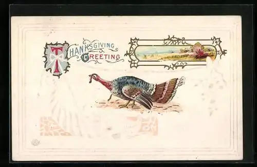 Präge-AK Thanksgiving Greeting, Truthahn mit Füllhorn und Herbstlandschaft