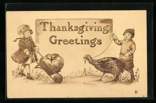 AK Thanksgiving Greetings, Kinder mit Truthahn und Schubkarre