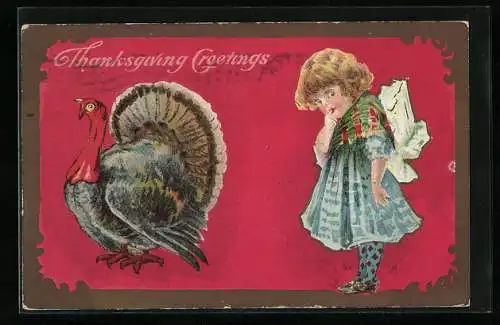 AK Thanksgiving Greetings, Kleines Mädchen und Truthahn