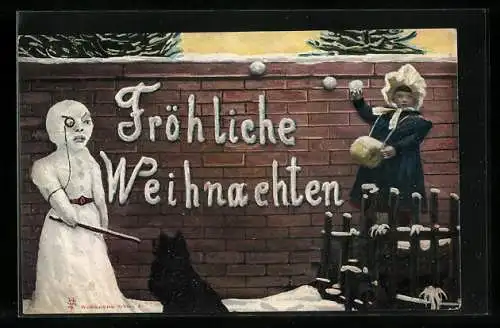 AK Schneemann mit Monokel, Fröhliche Weihnachten