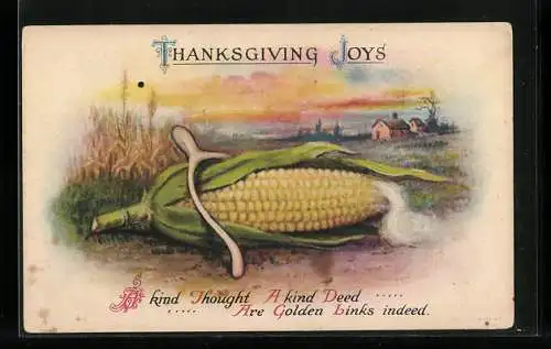 AK Thanksgiving Joys, Maiskolben mit Herbstlandschaft