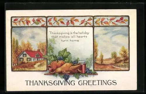 AK Thanksgiving Greetings, Truthahnbraten mit Herbstlandschaft