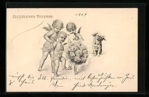 AK Kleine Neujahrsengel mit Hund und Blumenstrauss