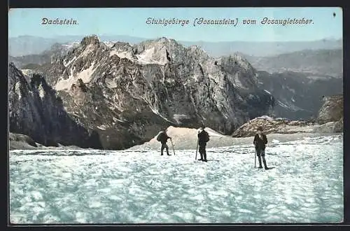 AK Dachstein, Stuhlgebirge Gosaustein vom Gosaugletscher mit Bergsteigern