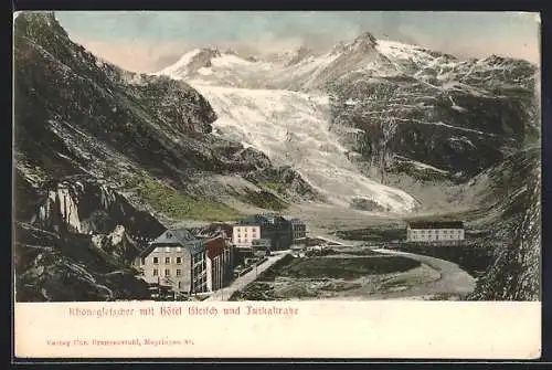 AK Rhonegletscher mit Hotel Gletsch und Furkastrasse