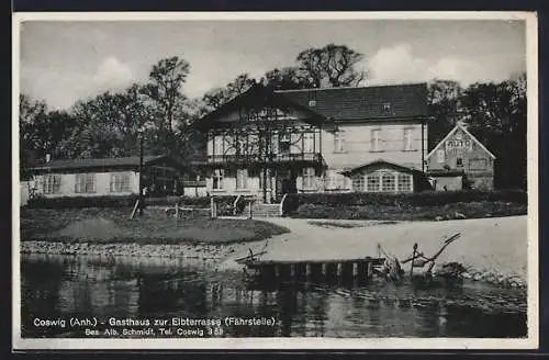 AK Coswig /Anh., Gasthaus zur Elbterrasse, Fährstelle