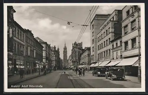 AK Krefeld, Strasse mit Blick zur Kirche