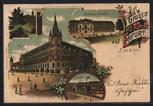 Lithographie Erfurt, Bahnhof, Regierungs-Gebäude, Post