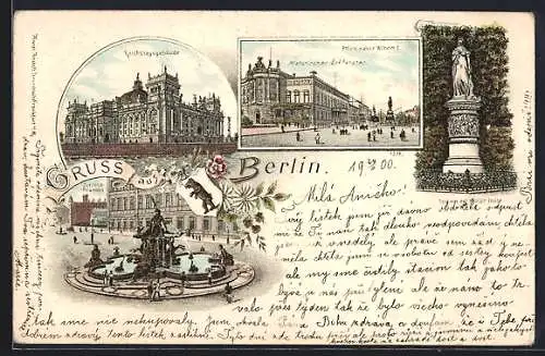Lithographie Berlin, Reichstagsgebäude, Palais Kaiser Wilhelm I., Denkmal der Königin Luise, Schlossbrunnen
