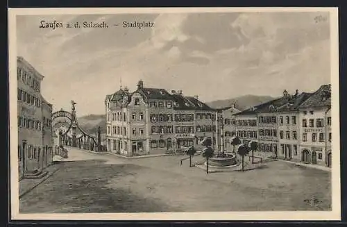 Künstler-AK Laufen a. d. Salzach, Blick auf den Stadtplatz