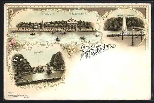 Lithographie Wiesbaden, Kurhaus, Kursaal und Musikpavillon