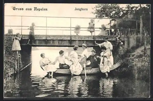 AK Repelen, Damen in einem Ruderboot, Kanal im Jungbornpark