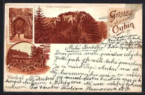 Lithographie Oybin, Burgruine vom Schuppenberge, Gasthaus auf dem Oybin, Kreuzgang