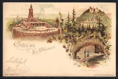 Lithographie Kyffhäuser, Reiterstandbild, Barbarossa-Höhle, Kyffhäuser-Denkmal