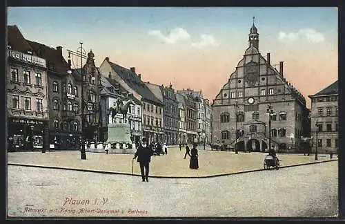 AK Plauen i. V., Altmarkt mit König Albert-Denkmal und Rathaus