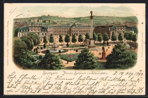 Lithographie Stuttgart, Neues Schloss und Schlossplatz mit Denkmal