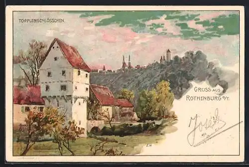 Lithographie Rothenburg / Tauber, Blick auf das Topplerschlösschen