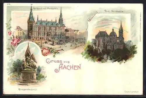 Lithographie Aachen, Dom, Nordseite, Rathaus mit Marktplatz, Kriegerdenkmal