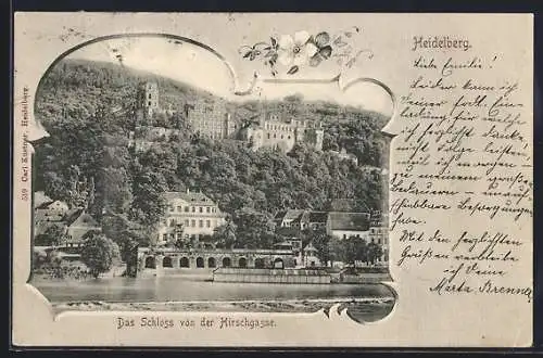 AK Heidelberg, Schloss von der Hirschgasse aus gesehen