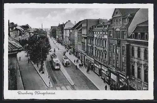 AK Duisburg, Königstrasse mit verschiedenen Geschäften, Strassenbahn