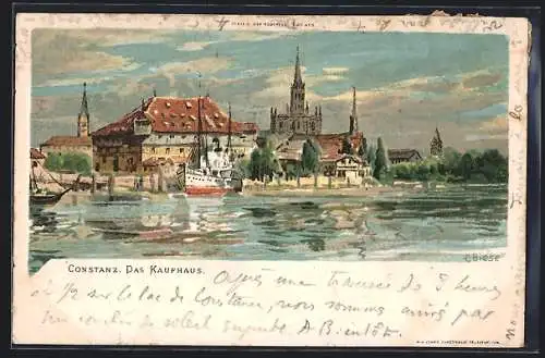 Künstler-Lithographie Carl Biese: Konstanz, Ortspartie am Kaufhaus, Segelboot