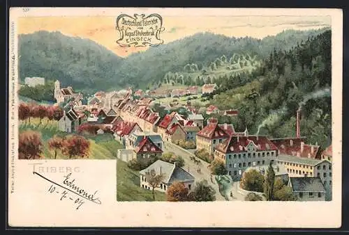 Lithographie Triberg, Ortsansicht aus der Vogelschau