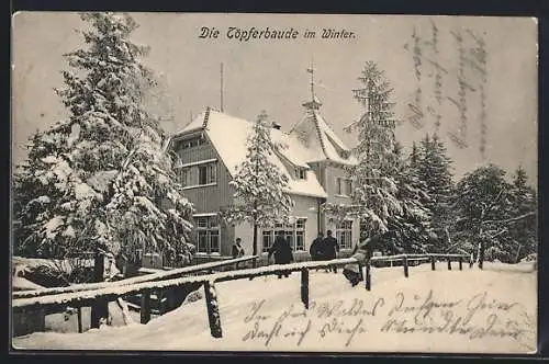 AK Oybin, Gasthaus die Töpferbaude im Winter