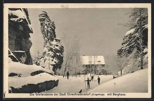 AK Ehrenfriedersdorf /Erzgebirge, Die Greifensteine mit Berghaus im Schnee