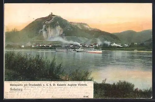 AK Godesberg, Rheinpartie mit Drachenfels und Dampfer S. S. D. Kaiserin Auguste Victoria