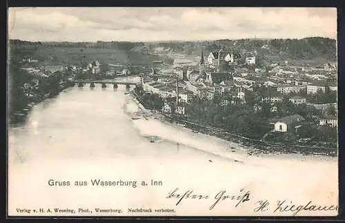 AK Wasserburg a. Inn, Teilansicht mit Brücke