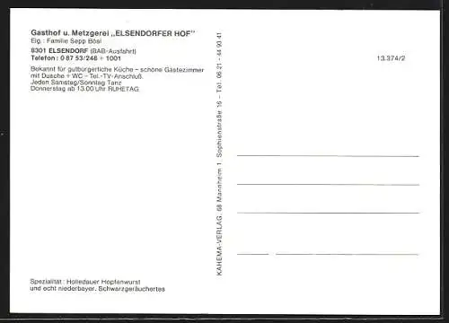 AK Elsendorf / Hallertau, Gasthof und Metzgerei Elsendorfer Hof, Bes. Fam. Sepp Bösl, Aussen- und Innenansichten