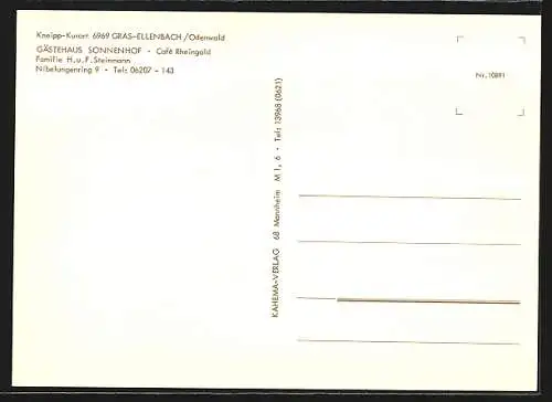 AK Gras-Ellenbach /Odenwald, Gästehaus Sonnenhof und Café Rheingold, Bes. Fam. H. u. F. Steinmann, Nibelungenring 9