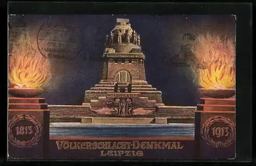 AK Leipzig, Völkerschlacht-Denkmal, 1813-1913, Feuerschalen