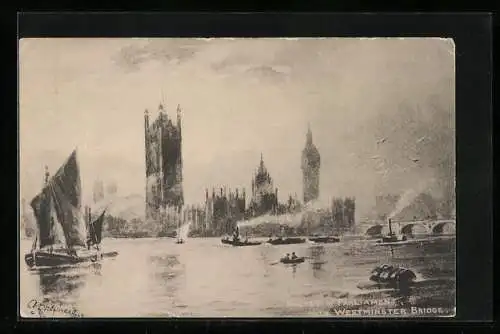 Künstler-AK Raphael Tuck & Sons Nr. 1403: Houses of Parliament with Westminster Bridge