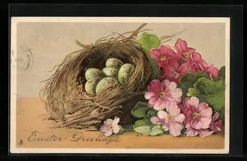 Künstler-AK Raphael Tuck & Sons Nr. 2329: Vogelgelege mit rosanen Blumen