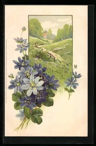 Künstler-AK Meissner & Buch (M&B) Nr. 1162: Frühlings-Erwachen, Blaue Blüten mit grüner Wiese