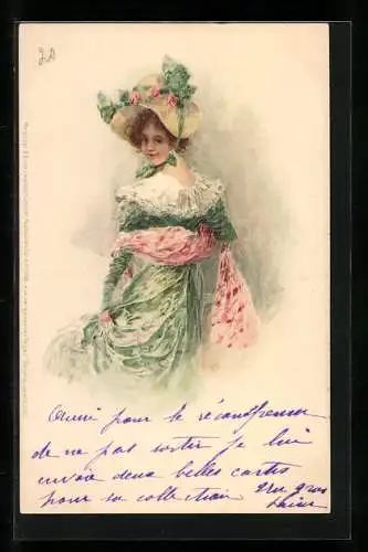 Lithographie Aus vergangenen Tagen, junge Dame mit Hut