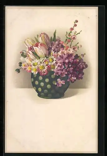 Künstler-AK Meissner & Buch (M&B) Nr. 2265: Bunter Strauss mit Tulpen und Veilchen in gepunketeter Vase