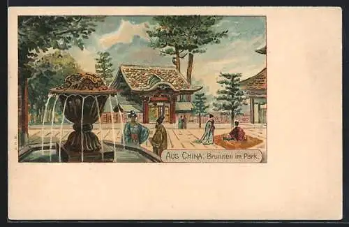 Lithographie China, Brunnen im Park