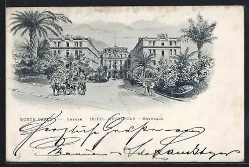 Lithographie Monte Carlo, Hotel Metropole, Entrée