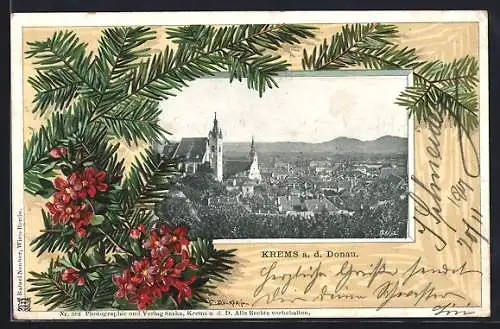 AK Krems a. d. Donau, Teilansicht mit Kirche, Tannenzweige mit Blüten, Passepartout