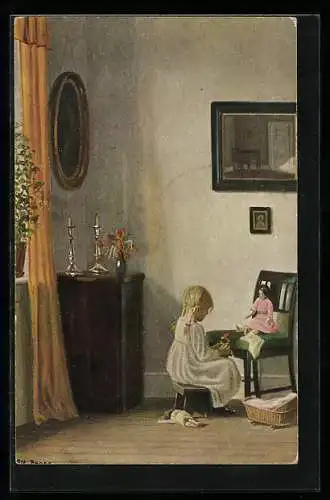 Künstler-AK sign. Alfred Broge: Lille Söster pynter Dukker, Dänische Kunst