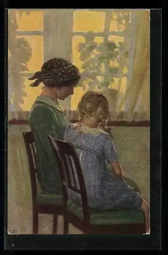 Künstler-AK sign. Alfred Broge: Mutter und Tochter sitzen am Fenster